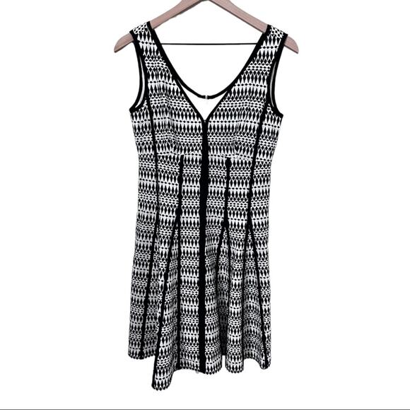Nanette Lepore Black and Ivory A-Line Front Pleated Geometric Design Dress Sz 2 - Picture 1 of 9